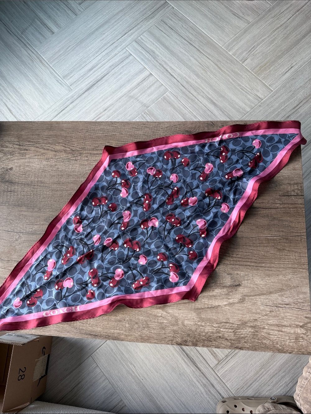 Coach Gray Logo Cherry Print Silk Scarf with Pink Border